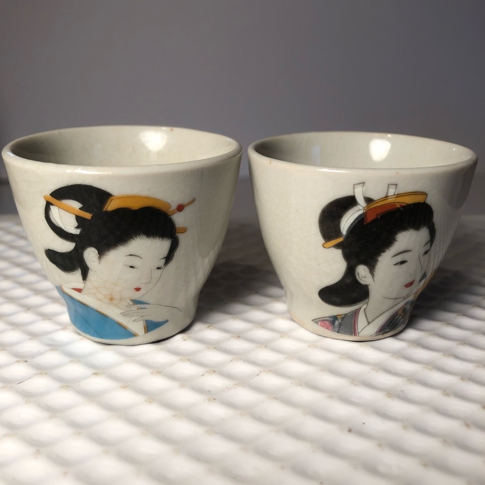 Oriental Sake Tiny Glasses, Glass Soup Spoon and Saucer Bottom